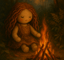 Ilustração acolhedora de uma bonequinha de pano com cabelos ruivos ondulados, sentada em silêncio diante de uma fogueira na floresta ao entardecer, transmitindo aconchego, introspecção e conexão com a natureza.