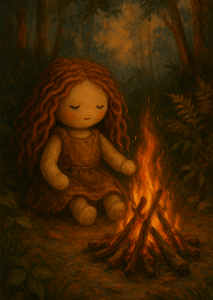 Ilustração acolhedora de uma bonequinha de pano com cabelos ruivos ondulados, sentada em silêncio diante de uma fogueira na floresta ao entardecer, transmitindo aconchego, introspecção e conexão com a natureza.