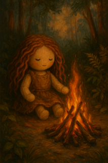 Ilustração acolhedora de uma bonequinha de pano com cabelos ruivos ondulados, sentada em silêncio diante de uma fogueira na floresta ao entardecer, transmitindo aconchego, introspecção e conexão com a natureza.