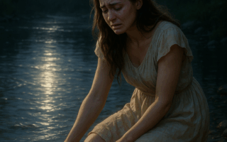 Mulher de vestido claro, chorando à beira de um rio iluminado pela lua cheia, tocando as águas como símbolo da alma criativa e da fonte interior.