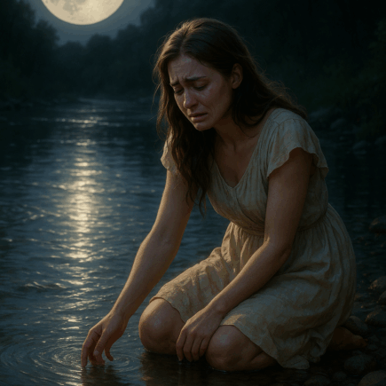Mulher de vestido claro, chorando à beira de um rio iluminado pela lua cheia, tocando as águas como símbolo da alma criativa e da fonte interior.