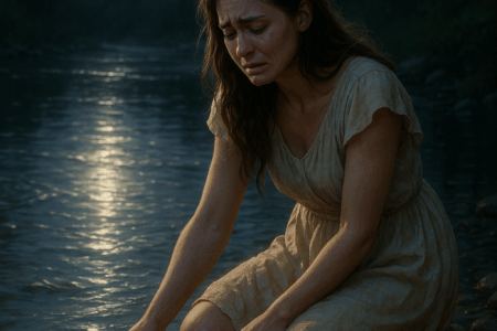 Mulher de vestido claro, chorando à beira de um rio iluminado pela lua cheia, tocando as águas como símbolo da alma criativa e da fonte interior.