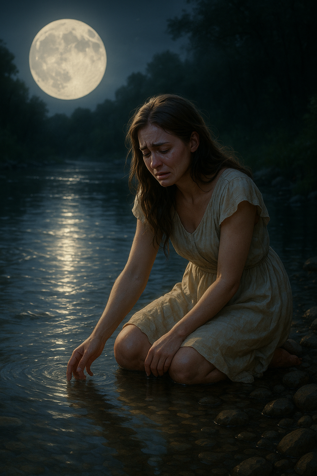 Mulher de vestido claro, chorando à beira de um rio iluminado pela lua cheia, tocando as águas como símbolo da alma criativa e da fonte interior.