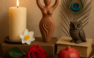 Altar simbólico com vela acesa, estatueta da deusa, rosa vermelha, romã, pena de pavão, coruja, chave, narciso e espiga de trigo. Representação visual dos arquétipos femininos e da sabedoria ancestral.