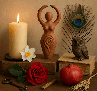 Altar simbólico com vela acesa, estatueta da deusa, rosa vermelha, romã, pena de pavão, coruja, chave, narciso e espiga de trigo. Representação visual dos arquétipos femininos e da sabedoria ancestral.