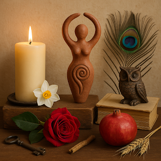 Altar simbólico com vela acesa, estatueta da deusa, rosa vermelha, romã, pena de pavão, coruja, chave, narciso e espiga de trigo. Representação visual dos arquétipos femininos e da sabedoria ancestral.
