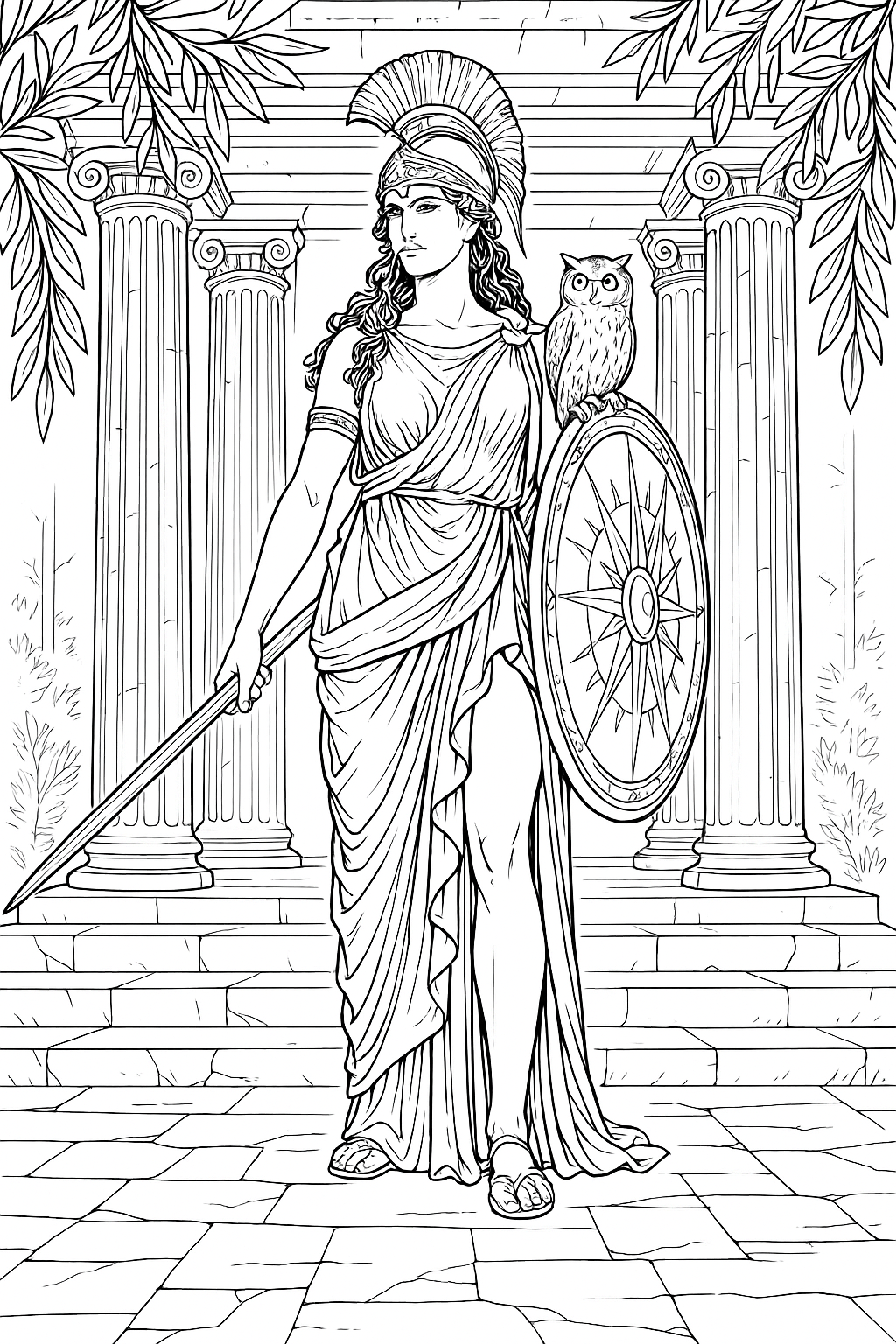 Desenho para colorir, deusa atenas colunas gregas, coruja