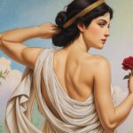 Desenho de mulher semelhante as deusas gregas segurando uma rosa vermelha