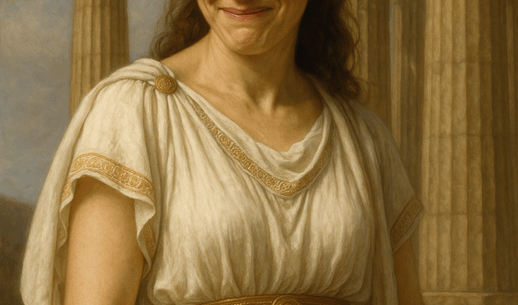 Deusa grega Deméter diante de colunas do Partenon, com vestido branco e detalhes dourados, segurando um sorriso emocionado após ouvir Baubo.