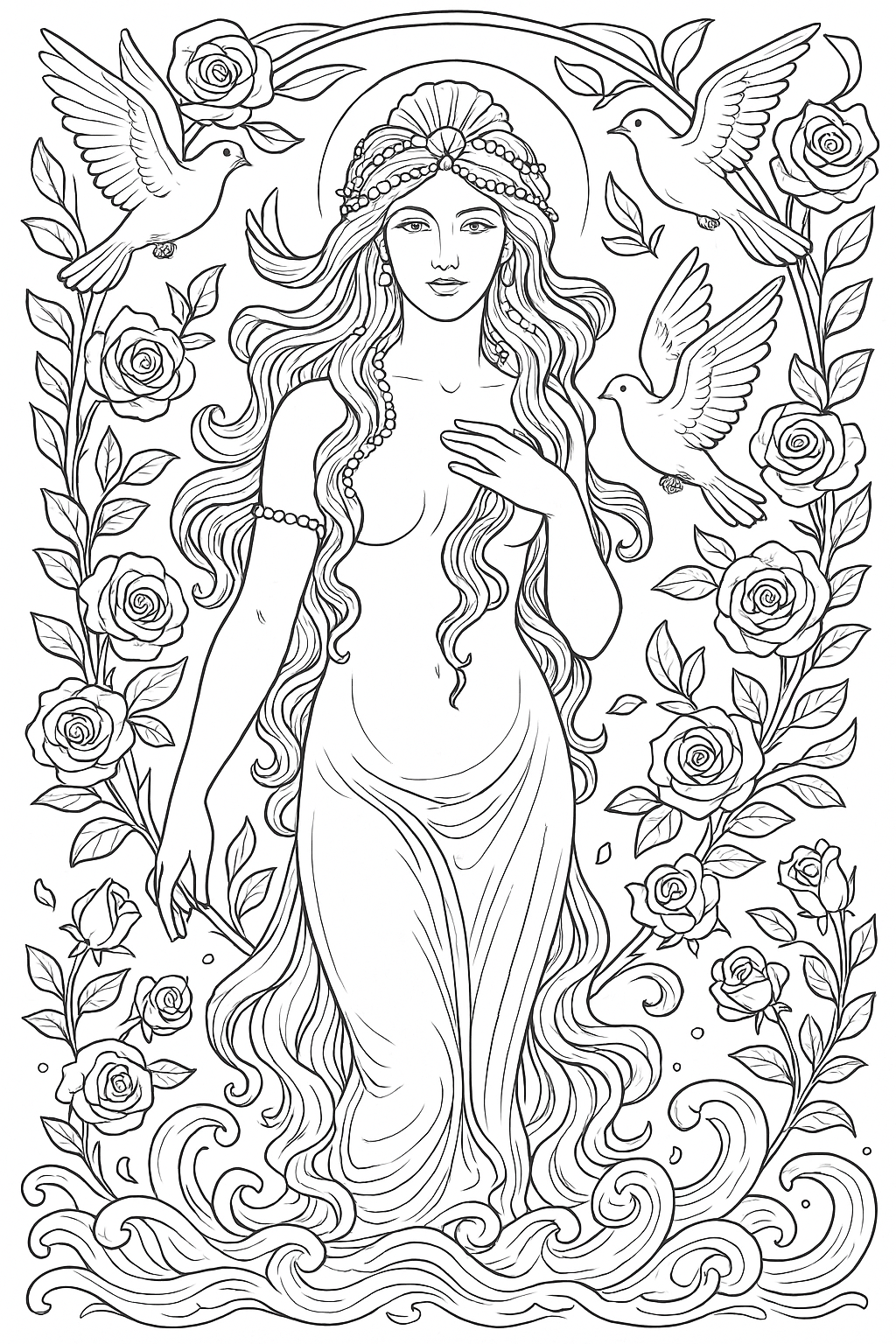 Desenho para colorir deusa grega Aflrodite rosas e pomba
