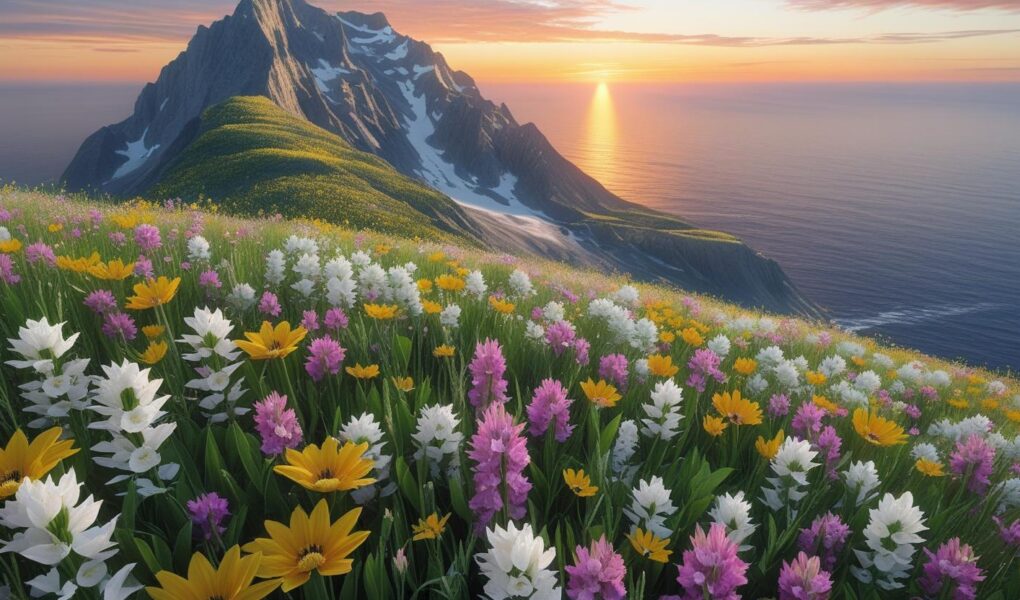Flores do campo amarelas, roxas e brancas sobre uma montanha com o nascer do sol ao fundo sobre o mar
