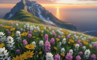 Flores do campo amarelas, roxas e brancas sobre uma montanha com o nascer do sol ao fundo sobre o mar