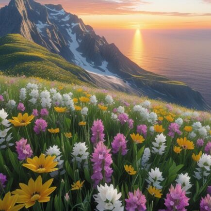 Flores do campo amarelas, roxas e brancas sobre uma montanha com o nascer do sol ao fundo sobre o mar