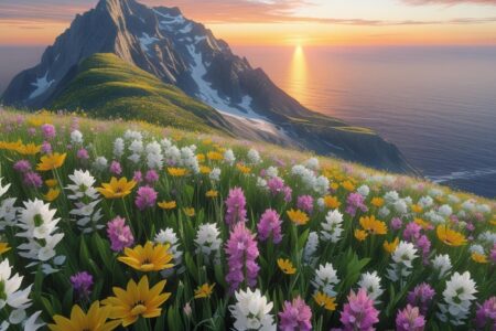 Flores do campo amarelas, roxas e brancas sobre uma montanha com o nascer do sol ao fundo sobre o mar