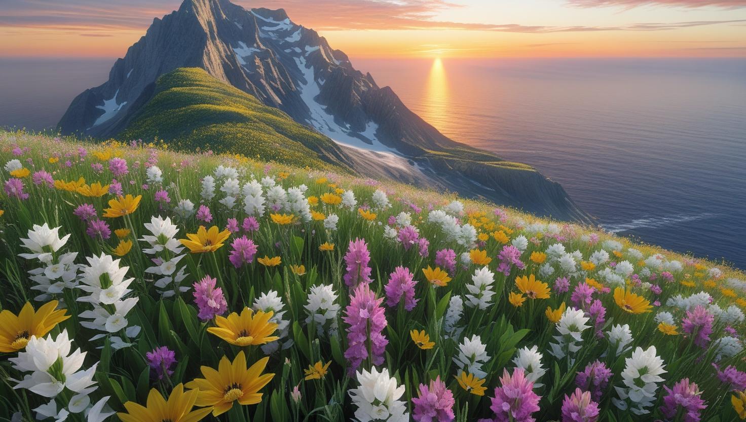 Flores do campo amarelas, roxas e brancas sobre uma montanha com o nascer do sol ao fundo sobre o mar