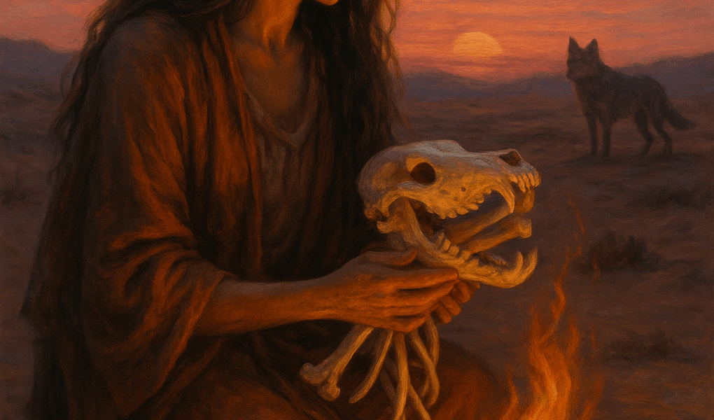 Mulher com vestes rústicas, sentada no deserto ao entardecer, segura ossos de lobo diante de uma fogueira acesa. Ao fundo, uma loba observa. A cena representa o arquétipo de La Loba, a curandeira que recolhe e canta ossos, símbolo do resgate da alma selvagem feminina.