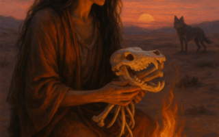 Mulher com vestes rústicas, sentada no deserto ao entardecer, segura ossos de lobo diante de uma fogueira acesa. Ao fundo, uma loba observa. A cena representa o arquétipo de La Loba, a curandeira que recolhe e canta ossos, símbolo do resgate da alma selvagem feminina.