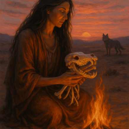 Mulher com vestes rústicas, sentada no deserto ao entardecer, segura ossos de lobo diante de uma fogueira acesa. Ao fundo, uma loba observa. A cena representa o arquétipo de La Loba, a curandeira que recolhe e canta ossos, símbolo do resgate da alma selvagem feminina.