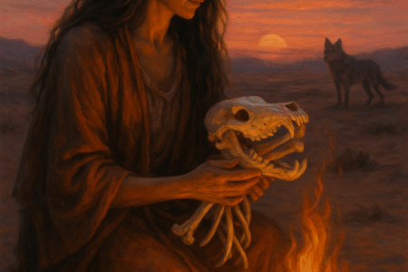 Mulher com vestes rústicas, sentada no deserto ao entardecer, segura ossos de lobo diante de uma fogueira acesa. Ao fundo, uma loba observa. A cena representa o arquétipo de La Loba, a curandeira que recolhe e canta ossos, símbolo do resgate da alma selvagem feminina.
