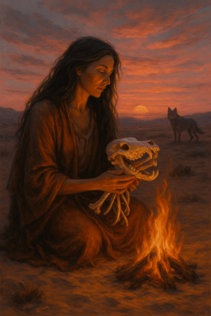 Mulher com vestes rústicas, sentada no deserto ao entardecer, segura ossos de lobo diante de uma fogueira acesa. Ao fundo, uma loba observa. A cena representa o arquétipo de La Loba, a curandeira que recolhe e canta ossos, símbolo do resgate da alma selvagem feminina.