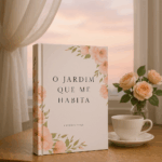 Imagem realista do livro “O Jardim Que Me Habita”, de Claudia Lessa, sobre uma mesa de madeira com uma xícara de chá e flores rosa, com cortinas esvoaçantes e o céu ao entardecer ao fundo.