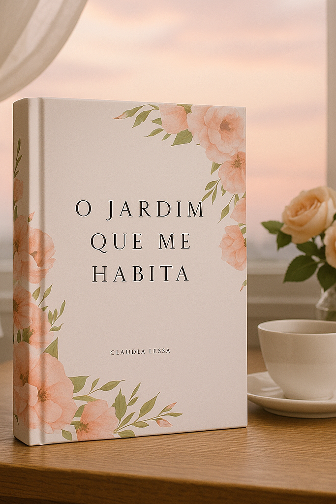 Imagem realista do livro “O Jardim Que Me Habita”, de Claudia Lessa, sobre uma mesa de madeira com uma xícara de chá e flores rosa, com cortinas esvoaçantes e o céu ao entardecer ao fundo.