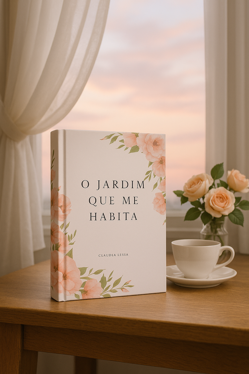 Imagem realista do livro “O Jardim Que Me Habita”, de Claudia Lessa, sobre uma mesa de madeira com uma xícara de chá e flores rosa, com cortinas esvoaçantes e o céu ao entardecer ao fundo.