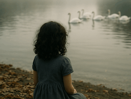 Menina sentada à beira de um lago frio, observando cisnes ao longe, envolta por folhas secas e névoa suave