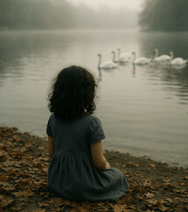 Menina sentada à beira de um lago frio, observando cisnes ao longe, envolta por folhas secas e névoa suave