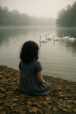 Menina sentada à beira de um lago frio, observando cisnes ao longe, envolta por folhas secas e névoa suave