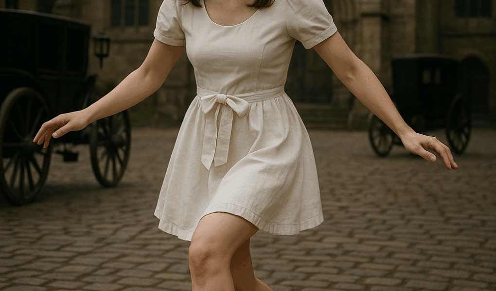 Moça com vestido branco curto e laço na cintura, usando meias brancas e sapatos vermelhos brilhantes estilo boneca, dançando assustada diante de uma igreja antiga com carruagens ao fundo