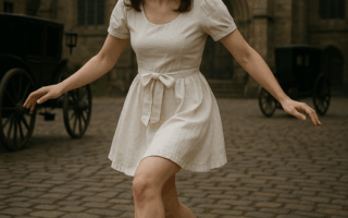 Moça com vestido branco curto e laço na cintura, usando meias brancas e sapatos vermelhos brilhantes estilo boneca, dançando assustada diante de uma igreja antiga com carruagens ao fundo