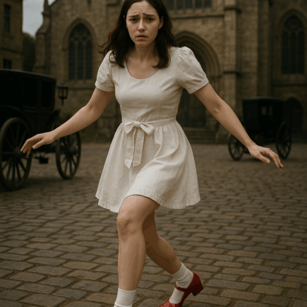 Moça com vestido branco curto e laço na cintura, usando meias brancas e sapatos vermelhos brilhantes estilo boneca, dançando assustada diante de uma igreja antiga com carruagens ao fundo