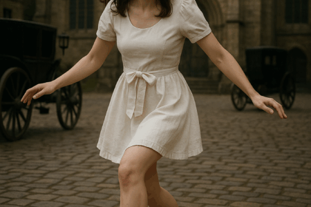 Moça com vestido branco curto e laço na cintura, usando meias brancas e sapatos vermelhos brilhantes estilo boneca, dançando assustada diante de uma igreja antiga com carruagens ao fundo