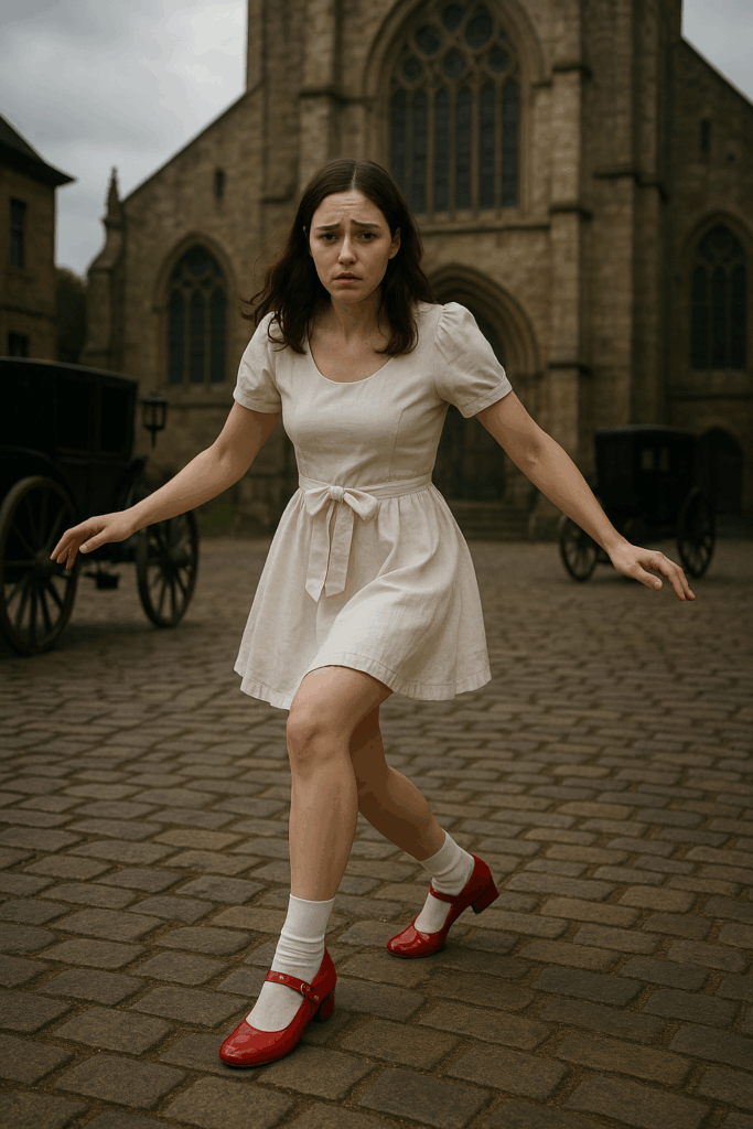 Moça com vestido branco curto e laço na cintura, usando meias brancas e sapatos vermelhos brilhantes estilo boneca, dançando assustada diante de uma igreja antiga com carruagens ao fundo