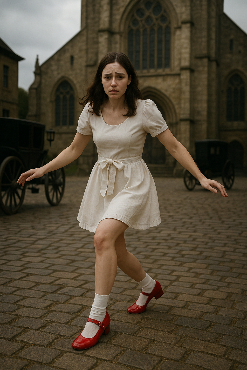 Moça com vestido branco curto e laço na cintura, usando meias brancas e sapatos vermelhos brilhantes estilo boneca, dançando assustada diante de uma igreja antiga com carruagens ao fundo
