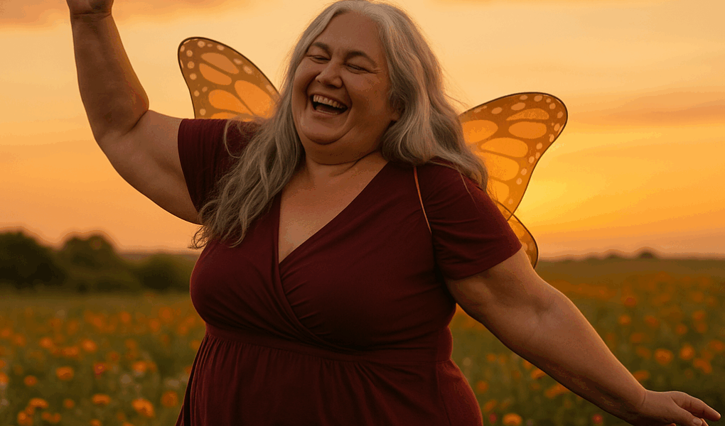 Mulher idosa, acima do peso, de cabelos grisalhos longos, usando asas de borboleta de fantasia infantil, dançando feliz em um campo florido ao entardecer