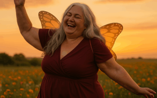 Mulher idosa, acima do peso, de cabelos grisalhos longos, usando asas de borboleta de fantasia infantil, dançando feliz em um campo florido ao entardecer