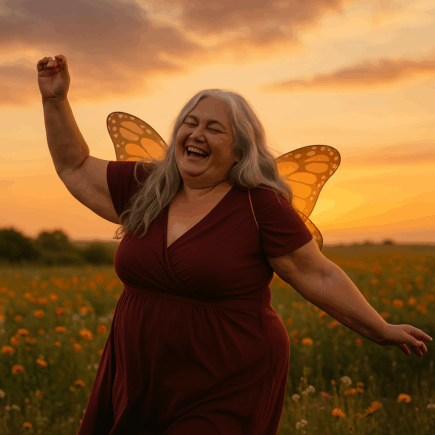 Mulher idosa, acima do peso, de cabelos grisalhos longos, usando asas de borboleta de fantasia infantil, dançando feliz em um campo florido ao entardecer