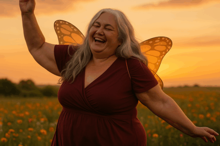 Mulher idosa, acima do peso, de cabelos grisalhos longos, usando asas de borboleta de fantasia infantil, dançando feliz em um campo florido ao entardecer