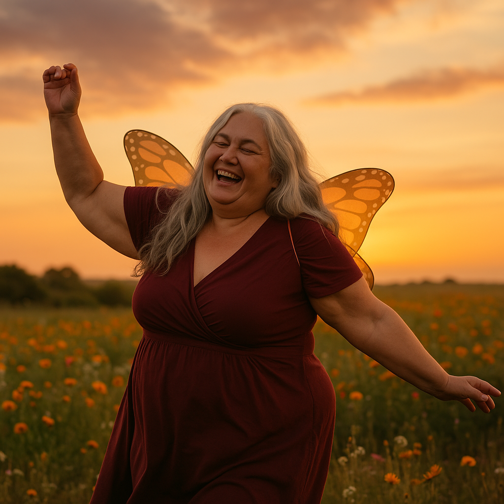 Mulher idosa, acima do peso, de cabelos grisalhos longos, usando asas de borboleta de fantasia infantil, dançando feliz em um campo florido ao entardecer