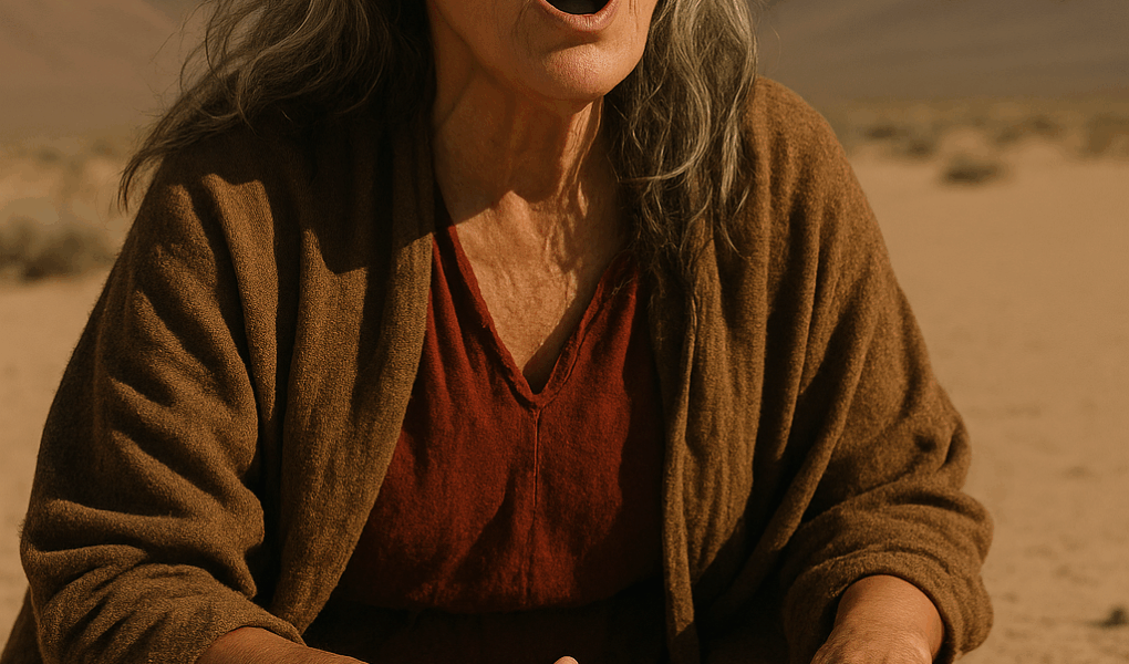 Mulher de cabelos grisalhos sentada no deserto, com expressão intensa e olhos fechados, cantando sobre um monte de ossos de lobo. A luz dourada do sol destaca sua presença ancestral e ritualística.