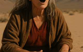 Mulher de cabelos grisalhos sentada no deserto, com expressão intensa e olhos fechados, cantando sobre um monte de ossos de lobo. A luz dourada do sol destaca sua presença ancestral e ritualística.