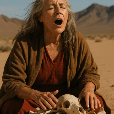 Mulher de cabelos grisalhos sentada no deserto, com expressão intensa e olhos fechados, cantando sobre um monte de ossos de lobo. A luz dourada do sol destaca sua presença ancestral e ritualística.