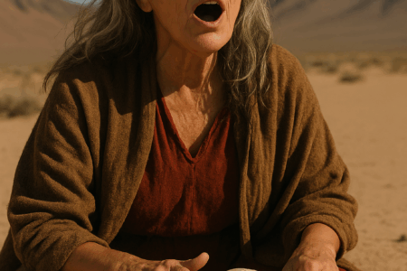 Mulher de cabelos grisalhos sentada no deserto, com expressão intensa e olhos fechados, cantando sobre um monte de ossos de lobo. A luz dourada do sol destaca sua presença ancestral e ritualística.