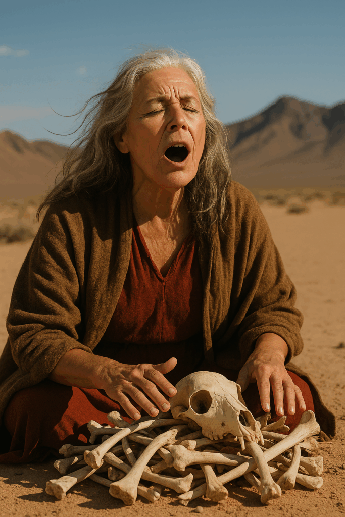 Mulher de cabelos grisalhos sentada no deserto, com expressão intensa e olhos fechados, cantando sobre um monte de ossos de lobo. A luz dourada do sol destaca sua presença ancestral e ritualística.