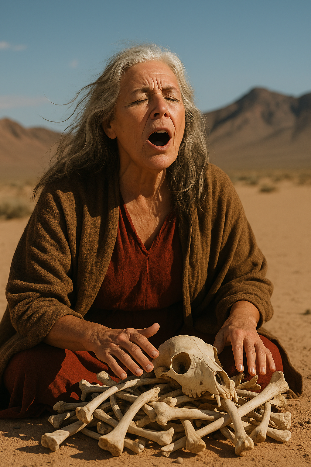 Mulher de cabelos grisalhos sentada no deserto, com expressão intensa e olhos fechados, cantando sobre um monte de ossos de lobo. A luz dourada do sol destaca sua presença ancestral e ritualística.