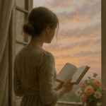 Desenho realista mulher de costas lendo na janelas com flores na soleira