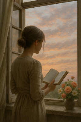 Desenho realista mulher de costas lendo na janelas com flores na soleira