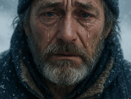Retrato realista de um pescador idoso com gorro de lã, lágrimas escorrendo por sulcos profundos no rosto marcado pelo tempo e pela neve